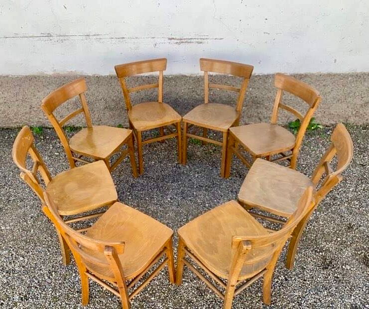 Set of 8 old light wood bistro chairs years 1957 stamps