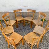 Set of 8 old light wood bistro chairs years 1957 stamps