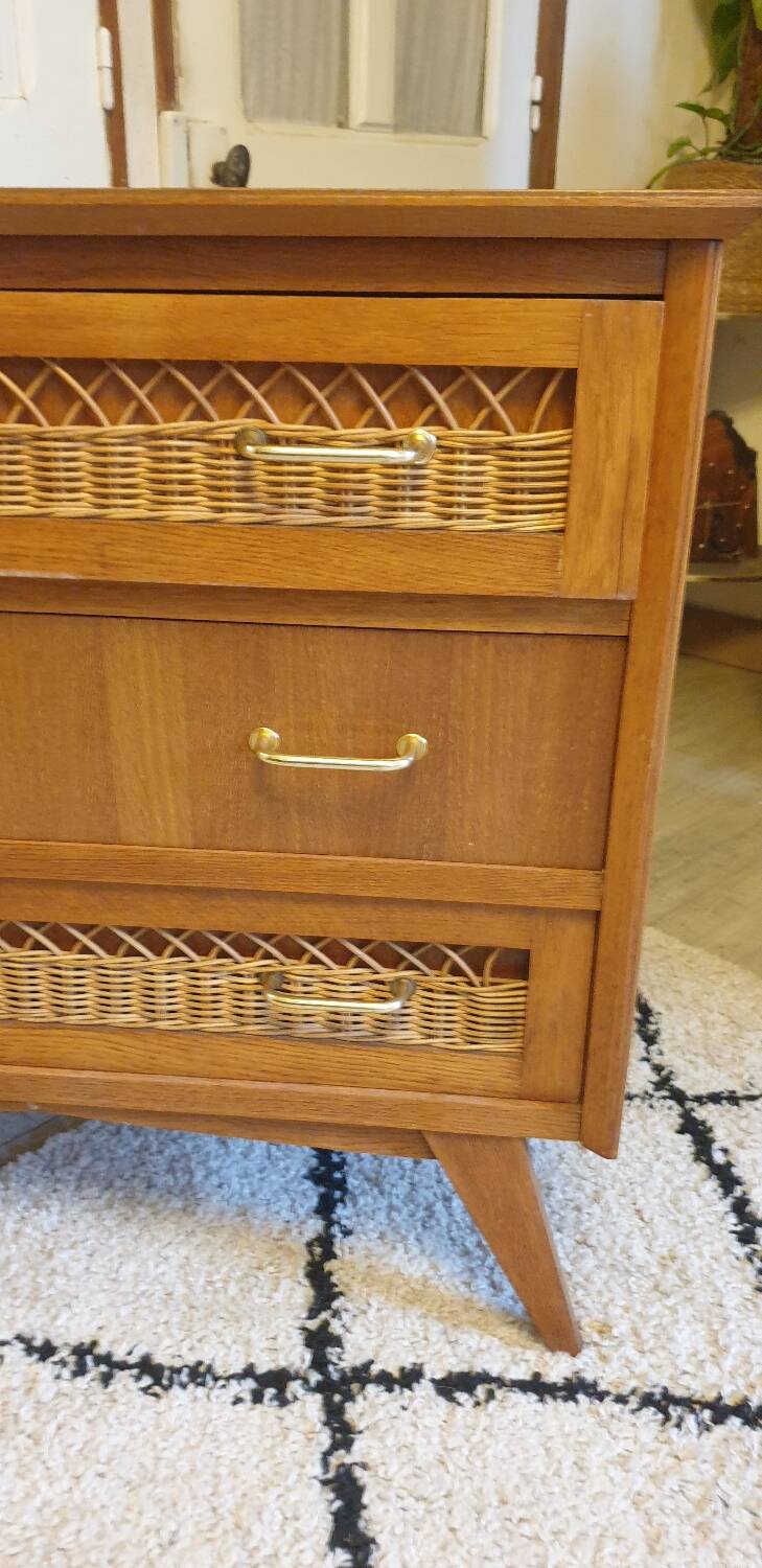 Wood and rattan chest of drawers