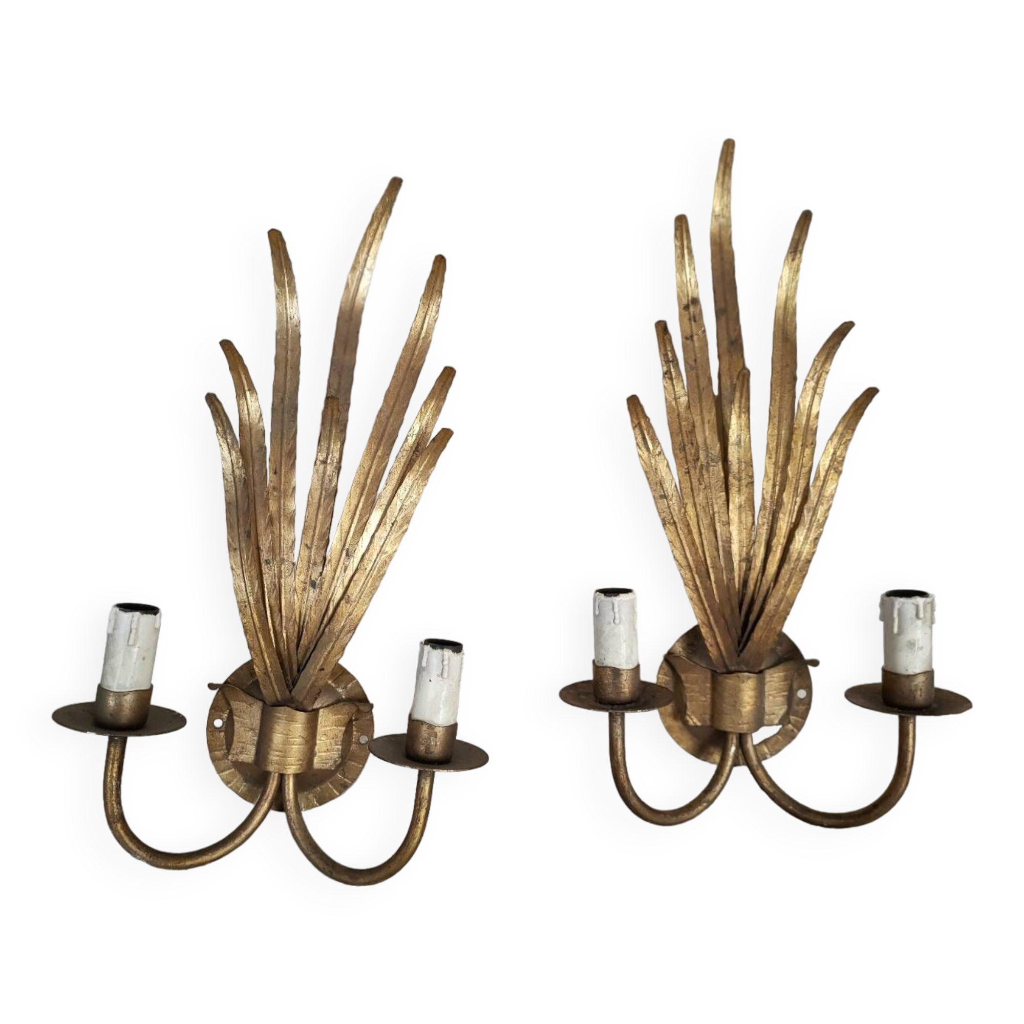 Pair of vintage wall lights, two golden arms, foliage