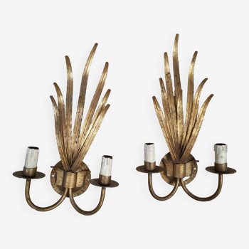 Pair of vintage wall lights, two golden arms, foliage