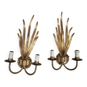 Pair of vintage wall lights, two golden arms, foliage