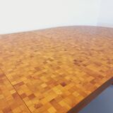 Vintage round dining table from the 60s 70s in solid wood mosaic teak and walnut with extension