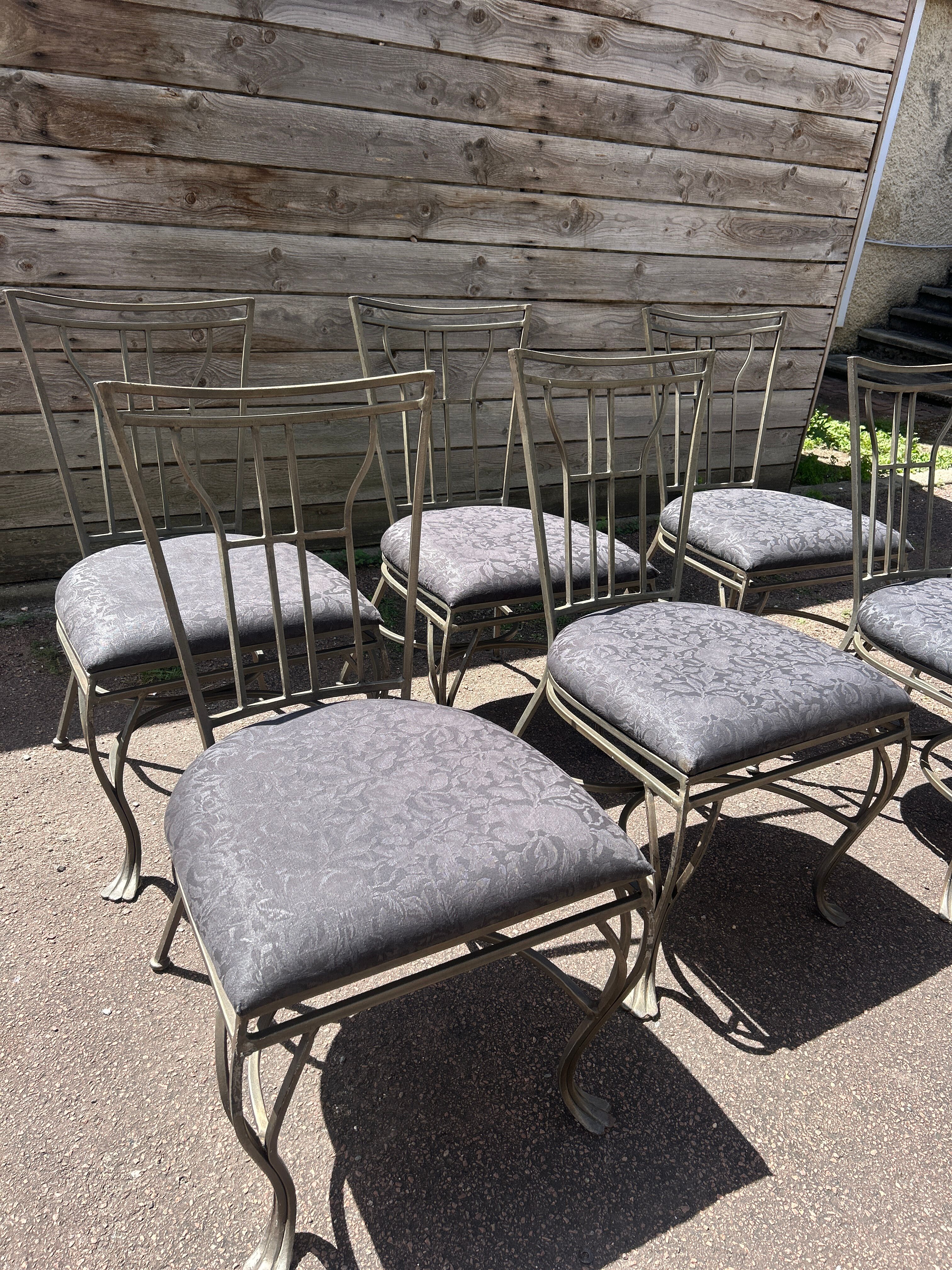 6 wrought iron chairs with fabric seats