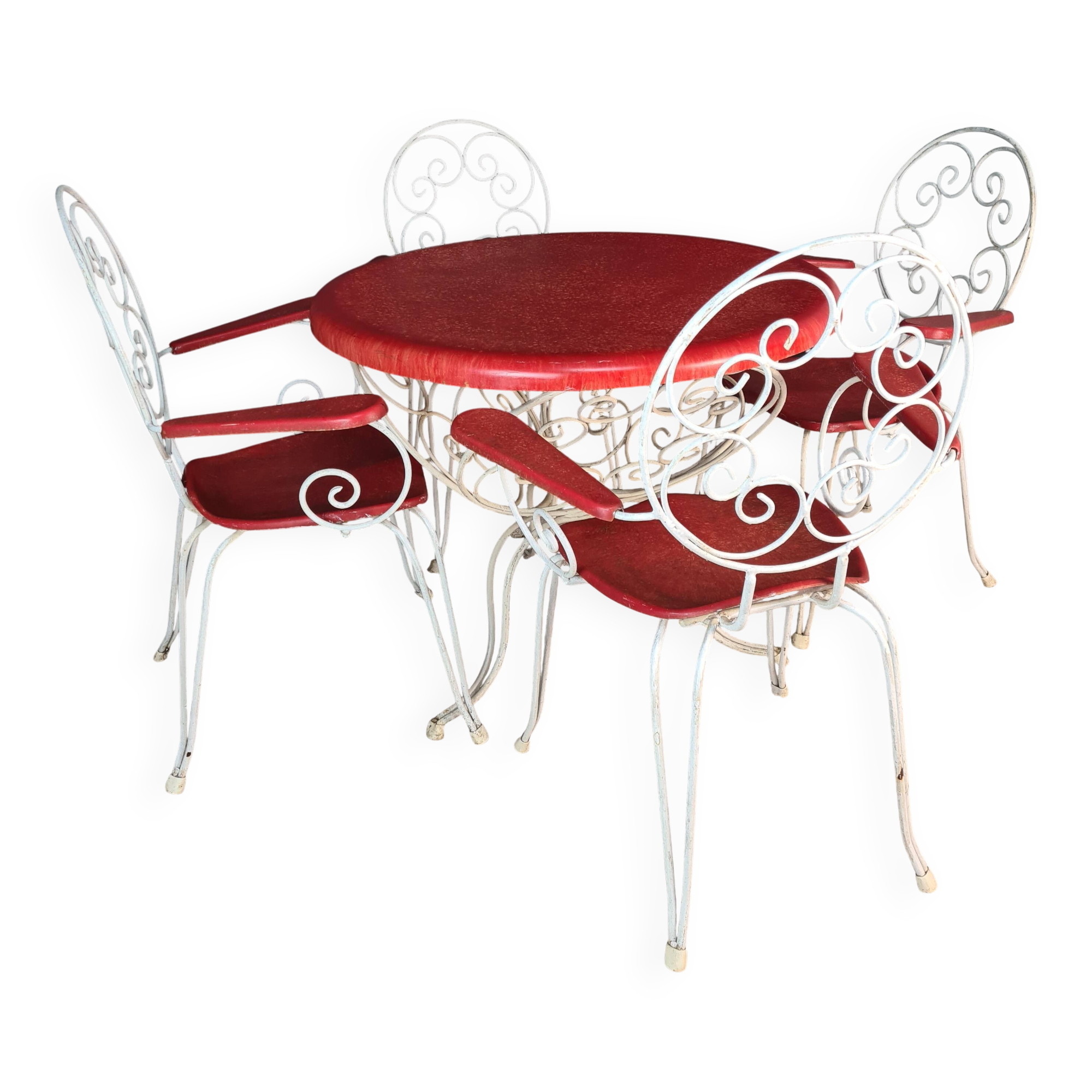 Rare 1950s garden furniture set - wrought iron & fibreglass - 5 pieces