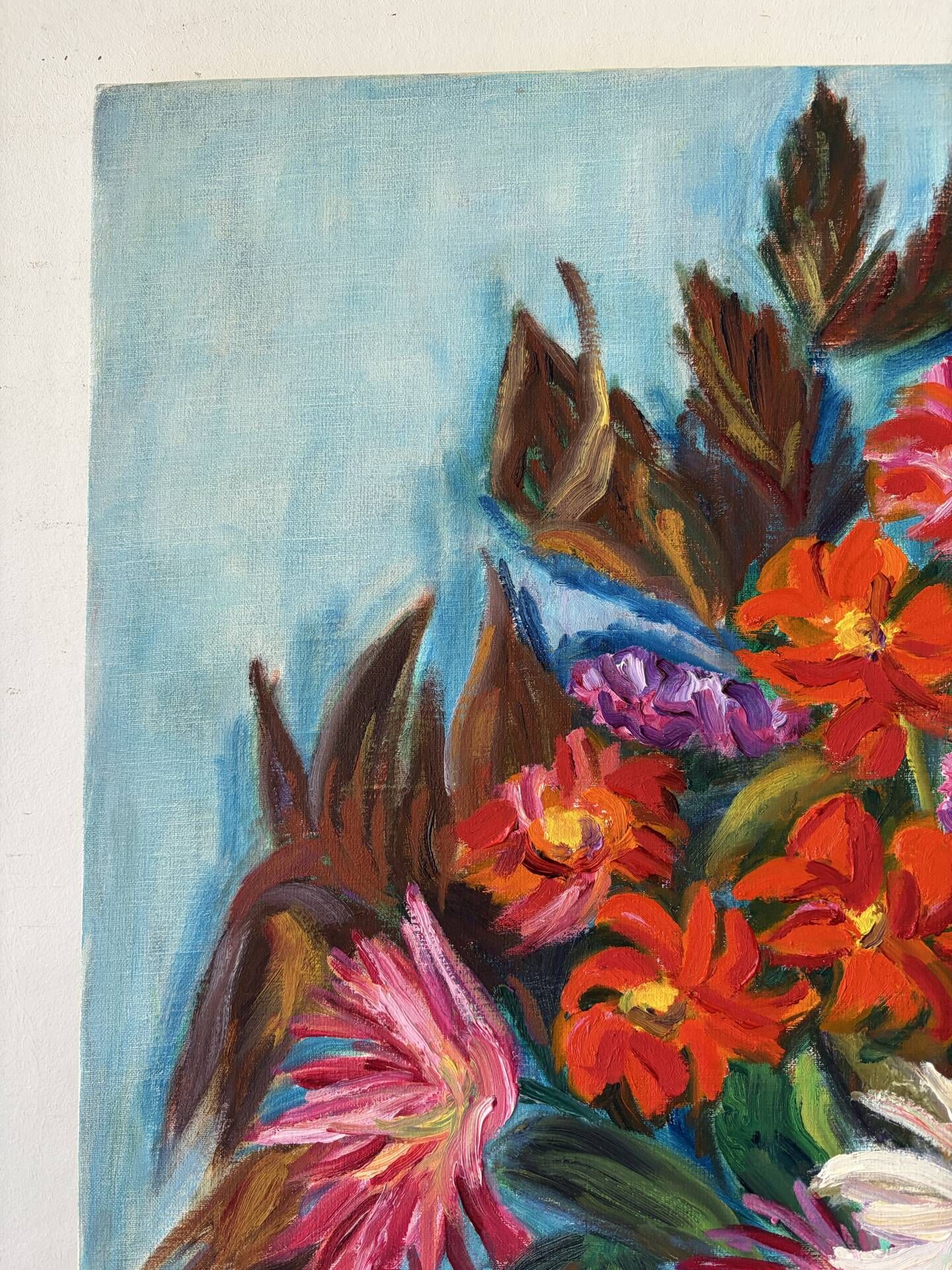 Dahlias and Zinnias, oil on canvas signed Gisèle Renaut