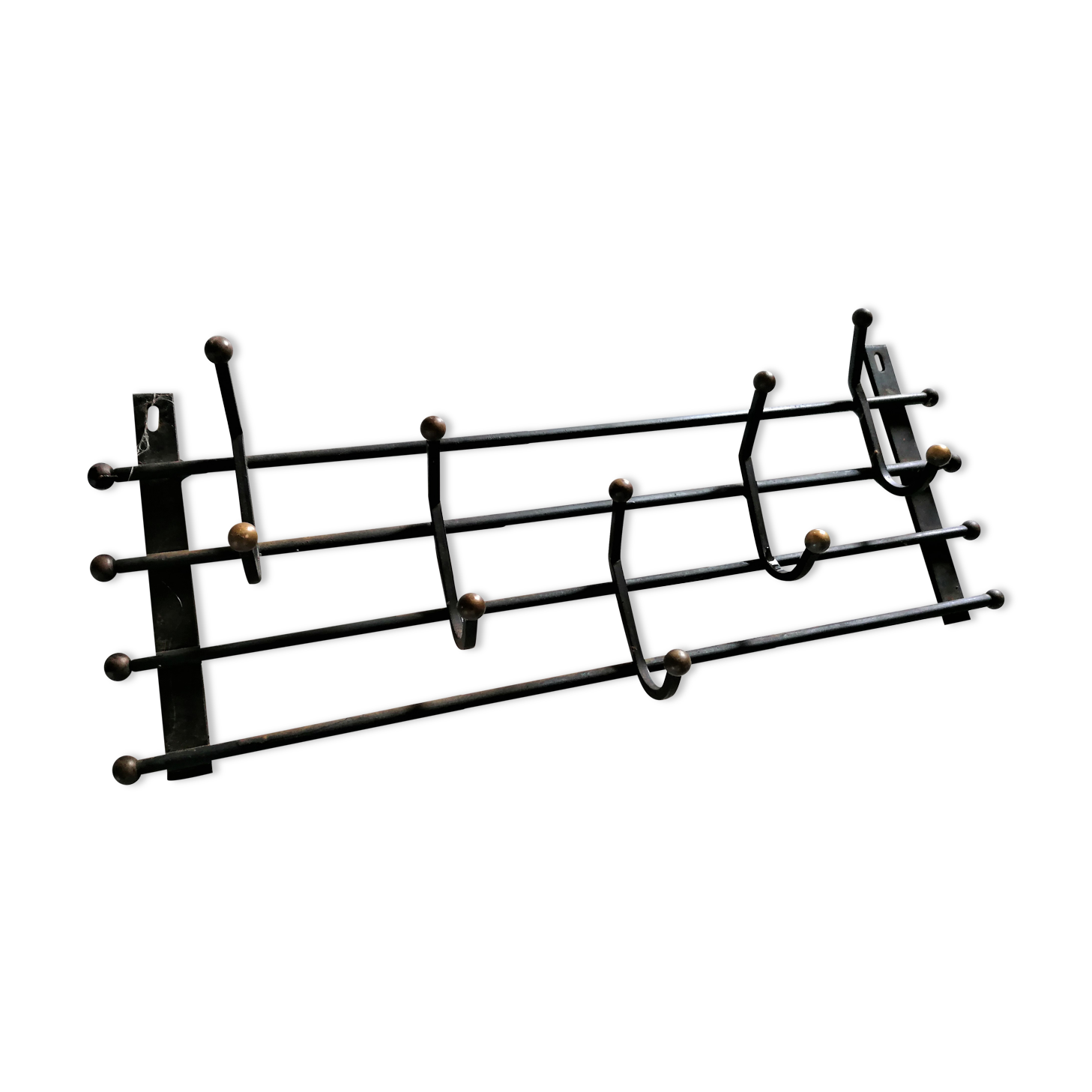 Cloakroom coat rack wrought iron and brass balls 5 vintage hooks