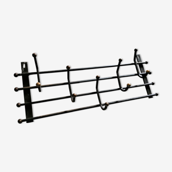 Cloakroom coat rack wrought iron and brass balls 5 vintage hooks