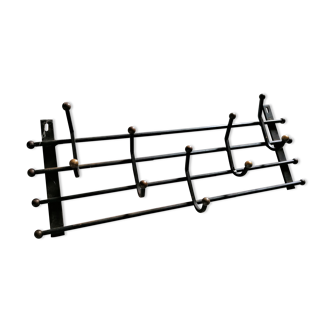 Cloakroom coat rack wrought iron and brass balls 5 vintage hooks