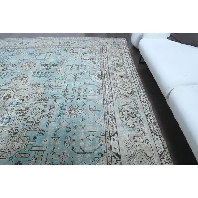 1970s Vintage Persian Handmade Wool Cotton Light Blue Area Rug 285x383