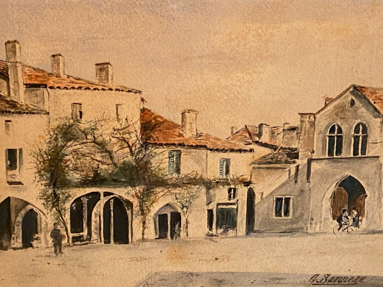 Watercolor signed Sarineau representing a view of a village