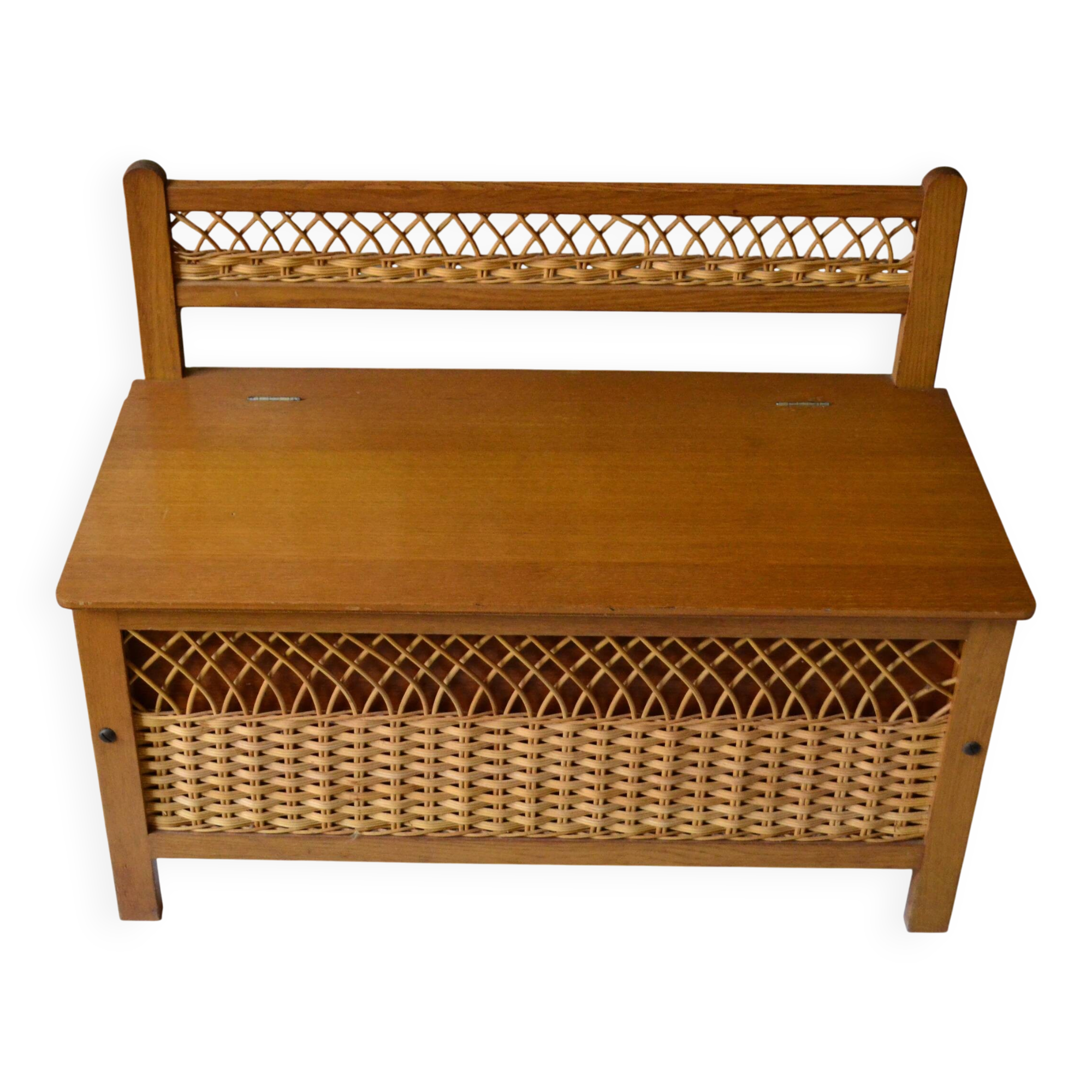Wood and rattan bank bench from the 60s/70s.