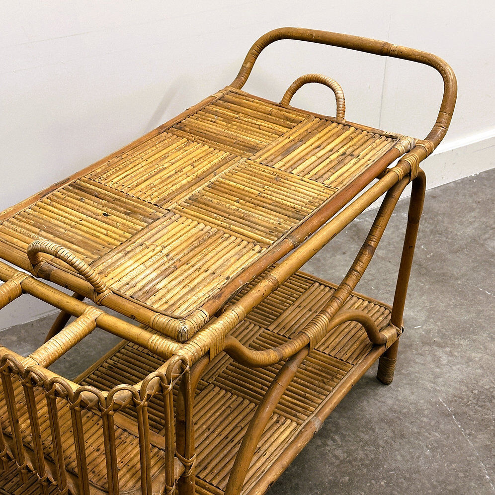 Rare large French Riviera rattan bar cart with bottle holder, 1960s