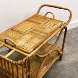 Rare large French Riviera rattan bar cart with bottle holder, 1960s