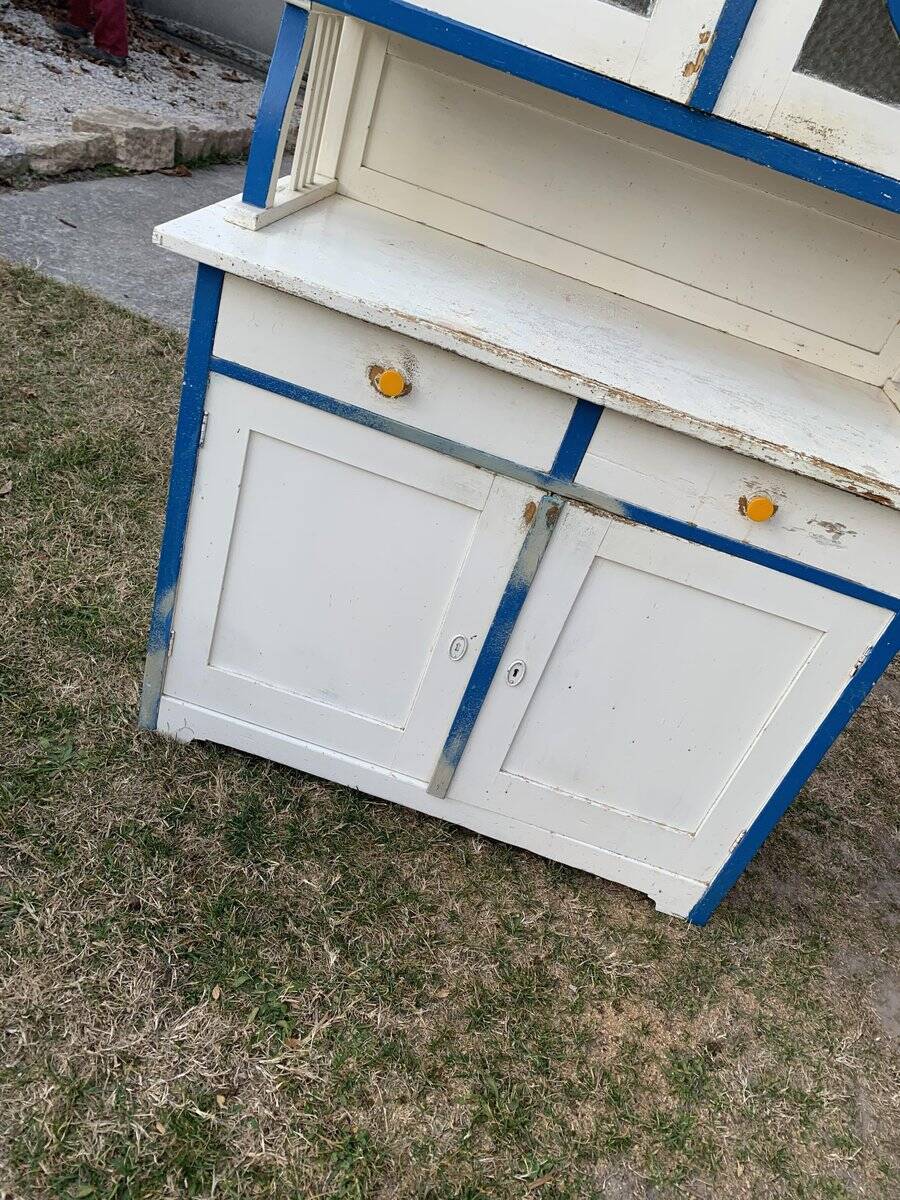 Vintage blue and white kitchen placard made of painted wood and glass, 1930s, double section.