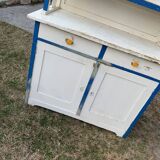 Vintage blue and white kitchen placard made of painted wood and glass, 1930s, double section.
