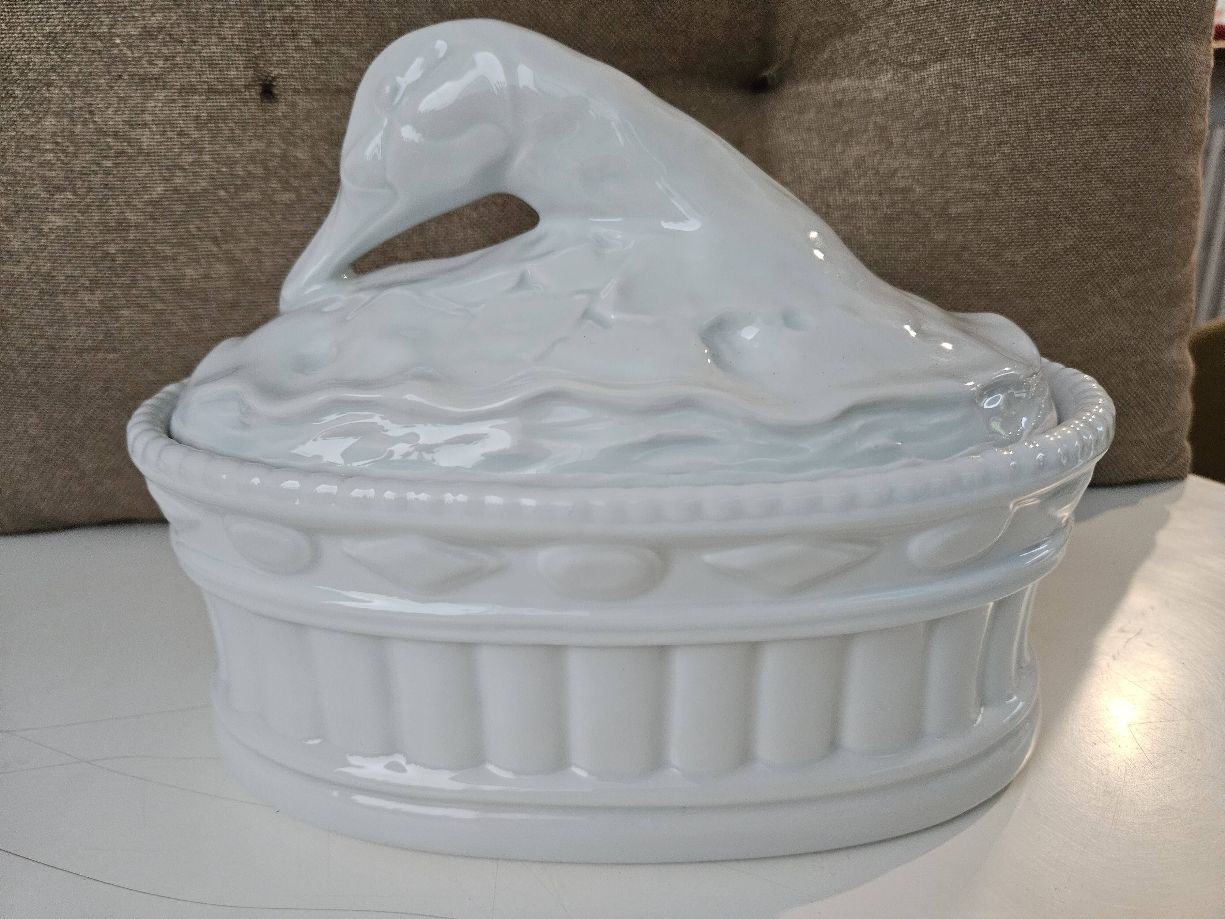 White porcelain terrine with white goose