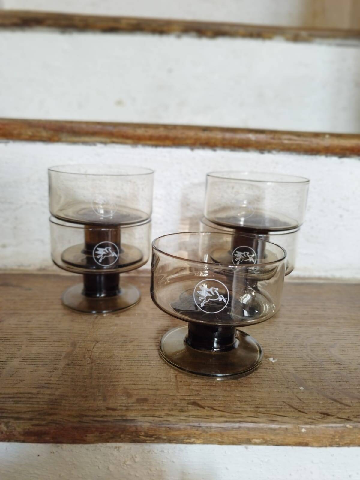 Set of 5 Pegasus Mobil Oil smoked glass cups