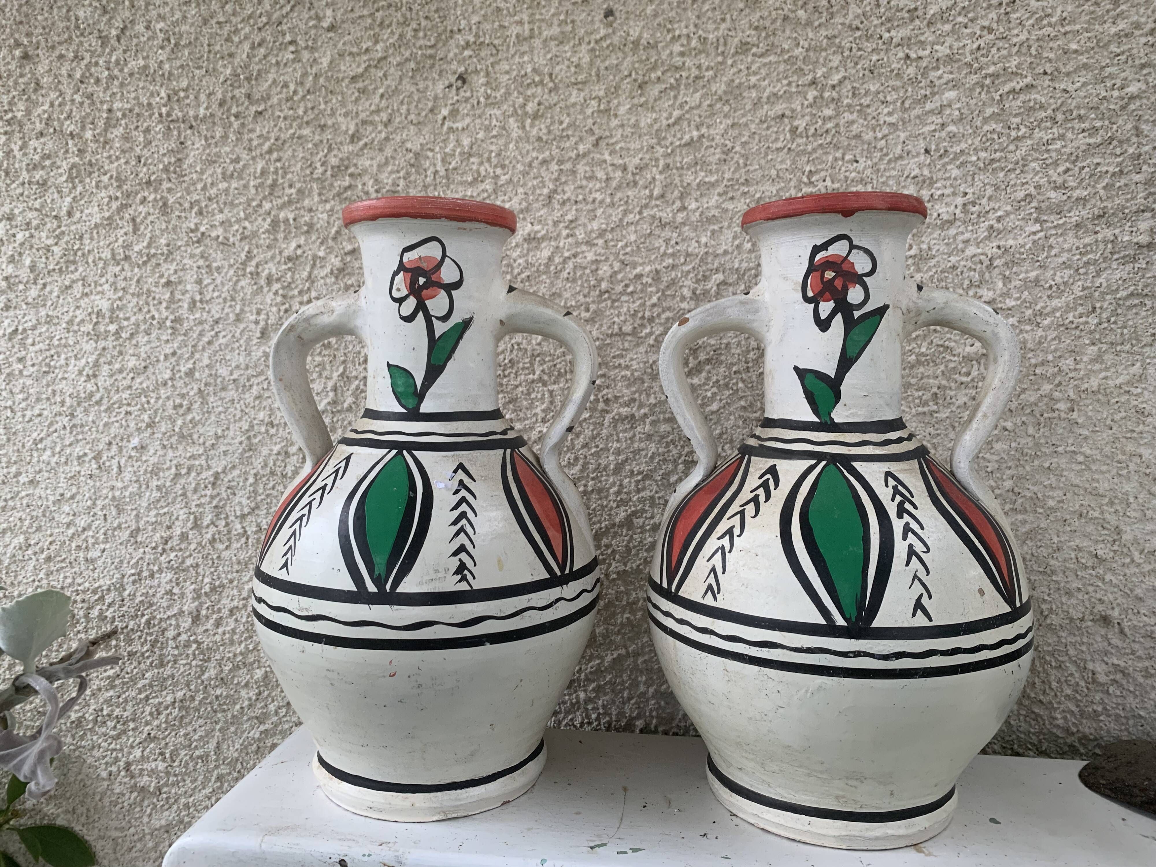 Pair of amphora vase, vintage artisanal and oriental pottery