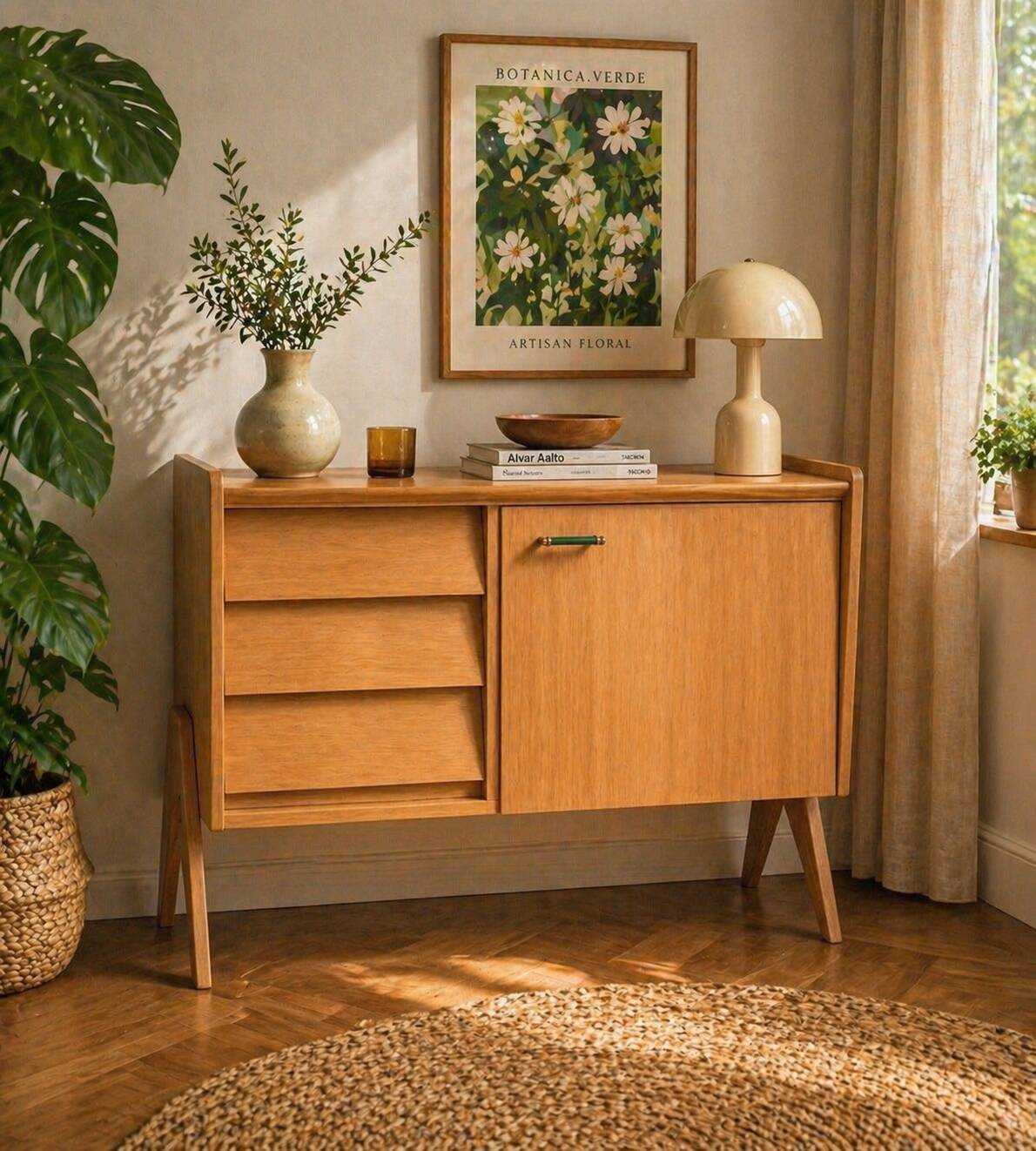 Vintage sideboard with tapered legs, light oak, 1960s.