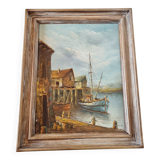 Peinture sur toile peinte à l'huile originale signée scènes de bateaux et de port du début du 20ème