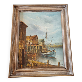 Peinture sur toile peinte à l'huile originale signée scènes de bateaux et de port du début du 20ème
