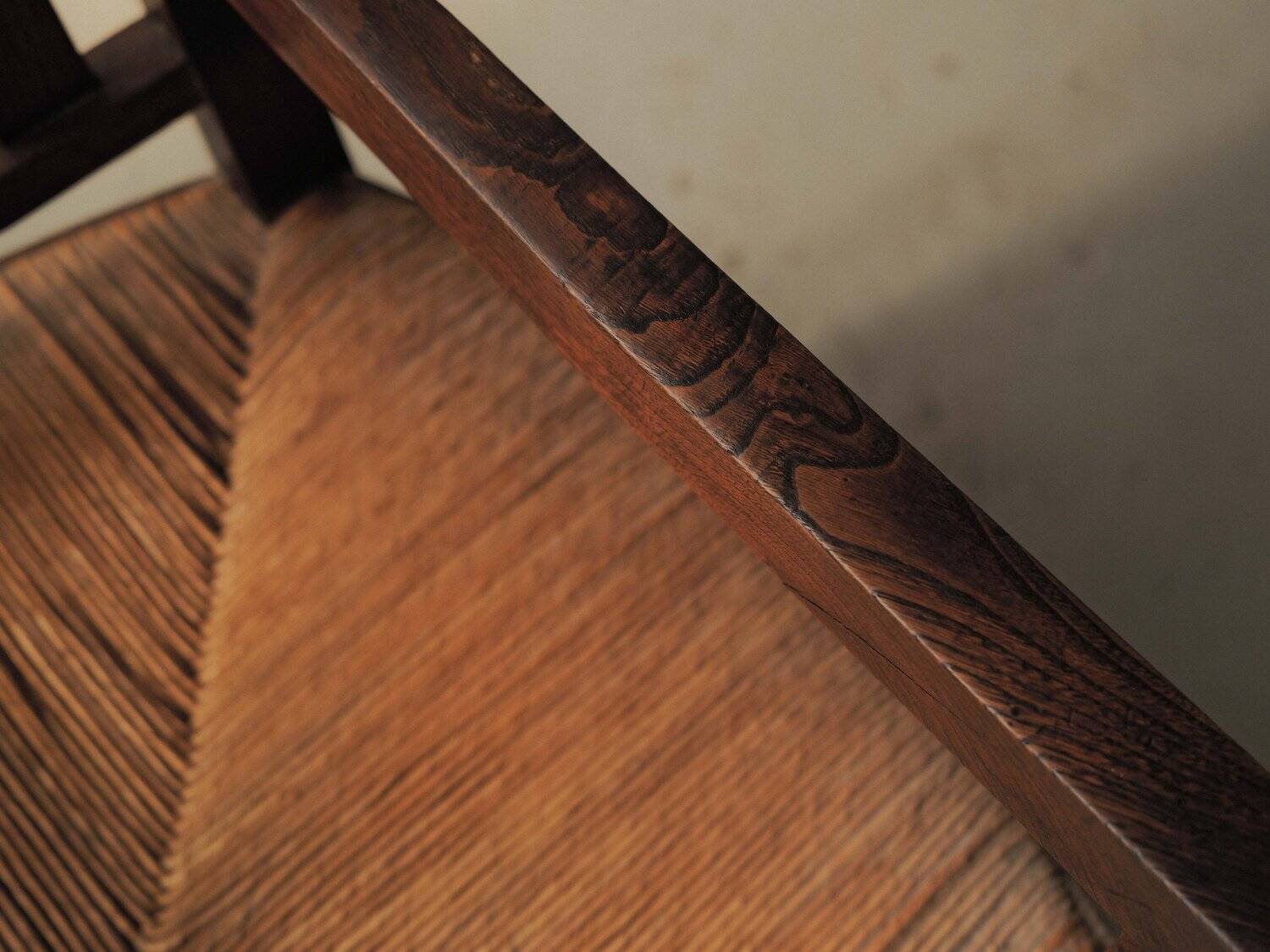 Handcrafted oak and straw armchair, France, circa 1950.