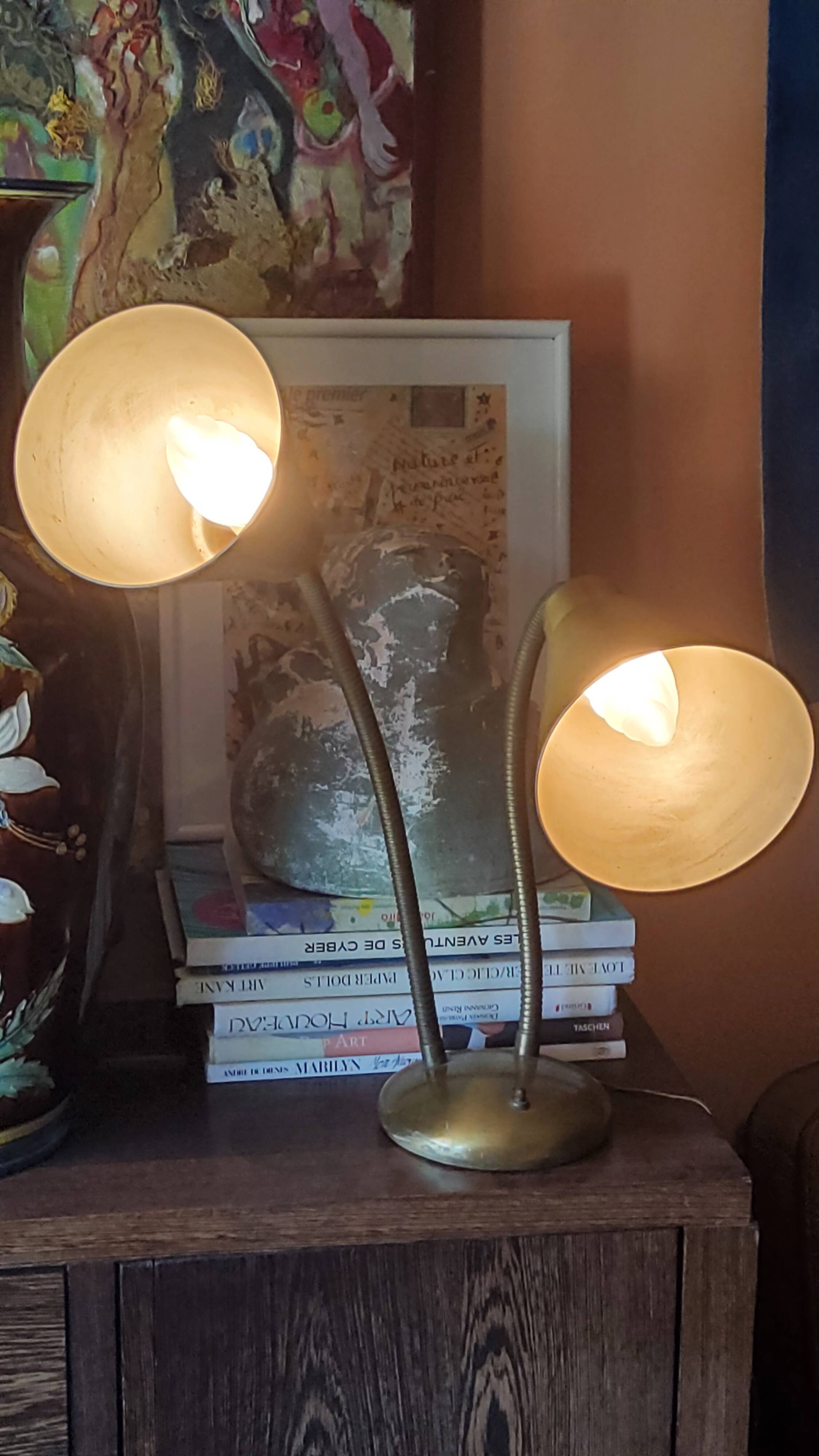 Designer desk lamp in gold metal 2 flexible arms from the 70s