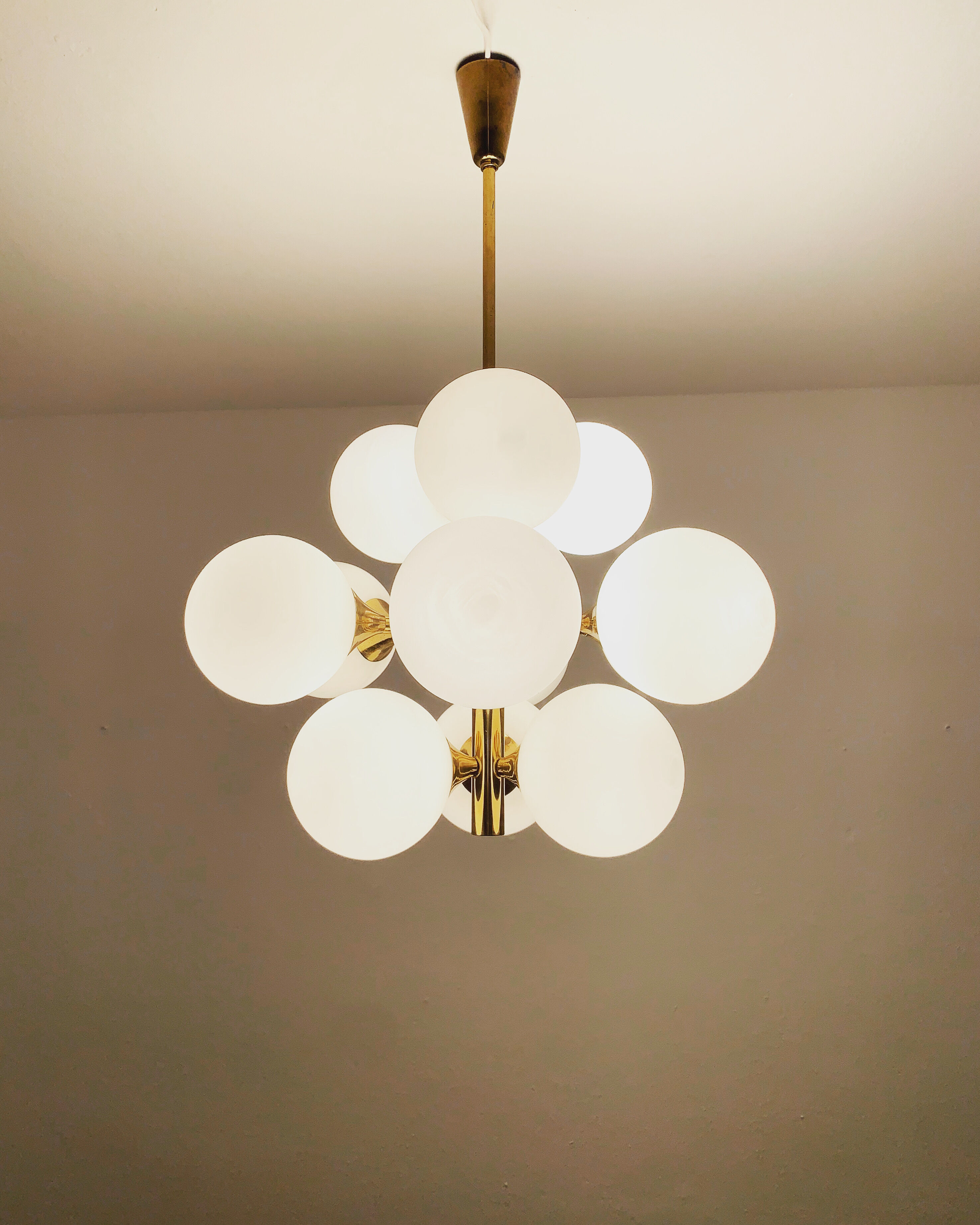 Mid-Century Modern brass and opaline glass Sputnik chandelier