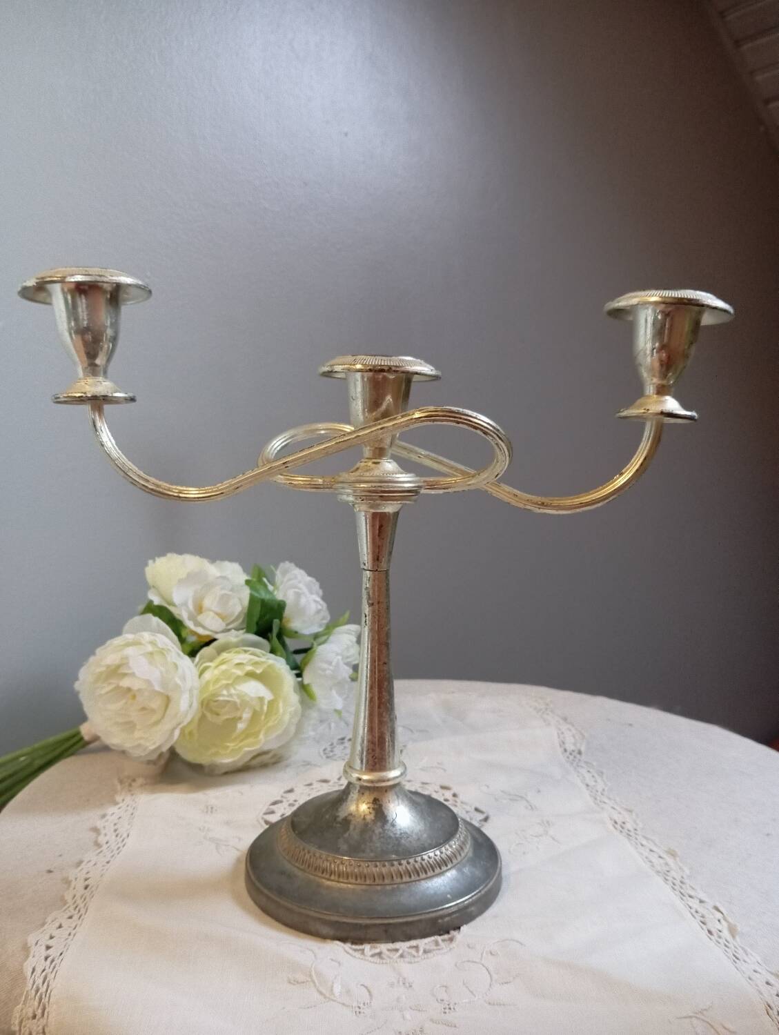 Bougeoir candélabre 3 bras argent plaqué, vintage