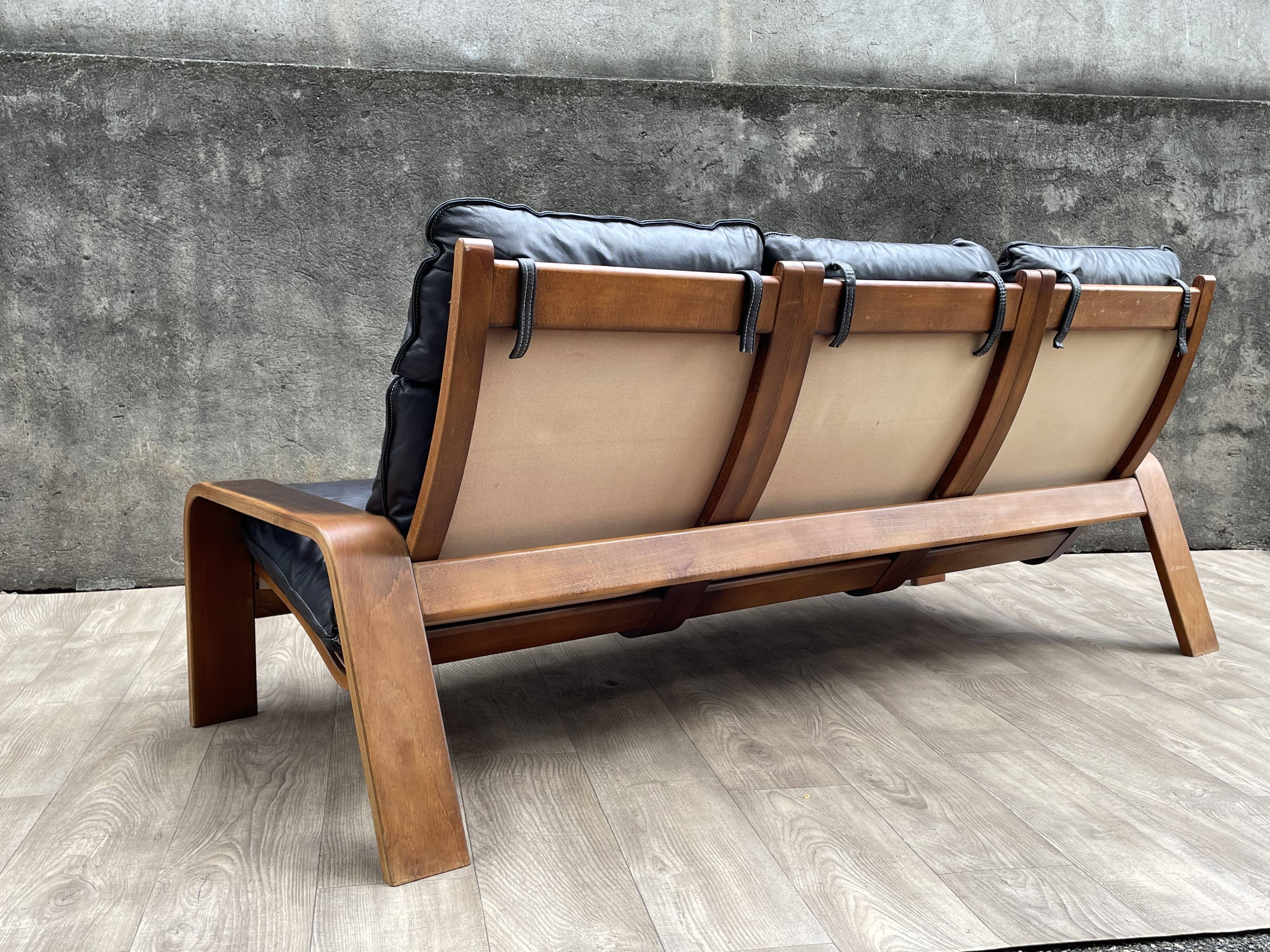 Scandinavian wooden and leather sofa, 1970s