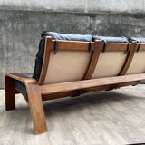 Scandinavian wooden and leather sofa, 1970s