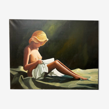 Huile sur toile, femme nue au draps, jean michel crispoul, contemporain XXème