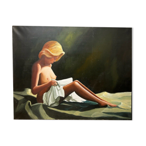 Huile sur toile, femme nue au draps,