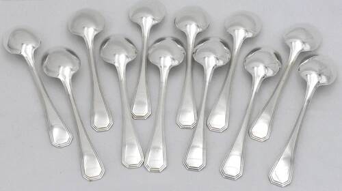 Set of 12 silver-plated metal table spoons Christofle Amérique, Art Deco, 20.5 cm.