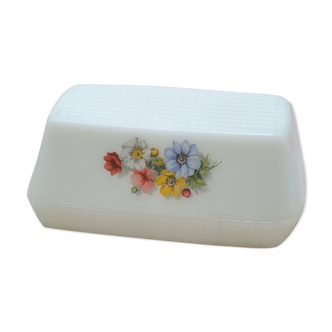 White butter dish in Arcopal with floral/country motif
