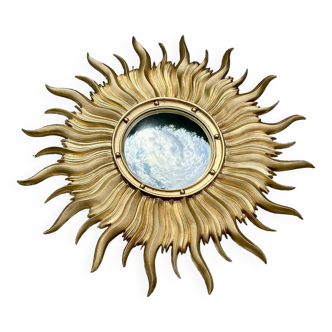 Vintage Italian sun mirror 1960 in golden resin with witch's eye 63 cm