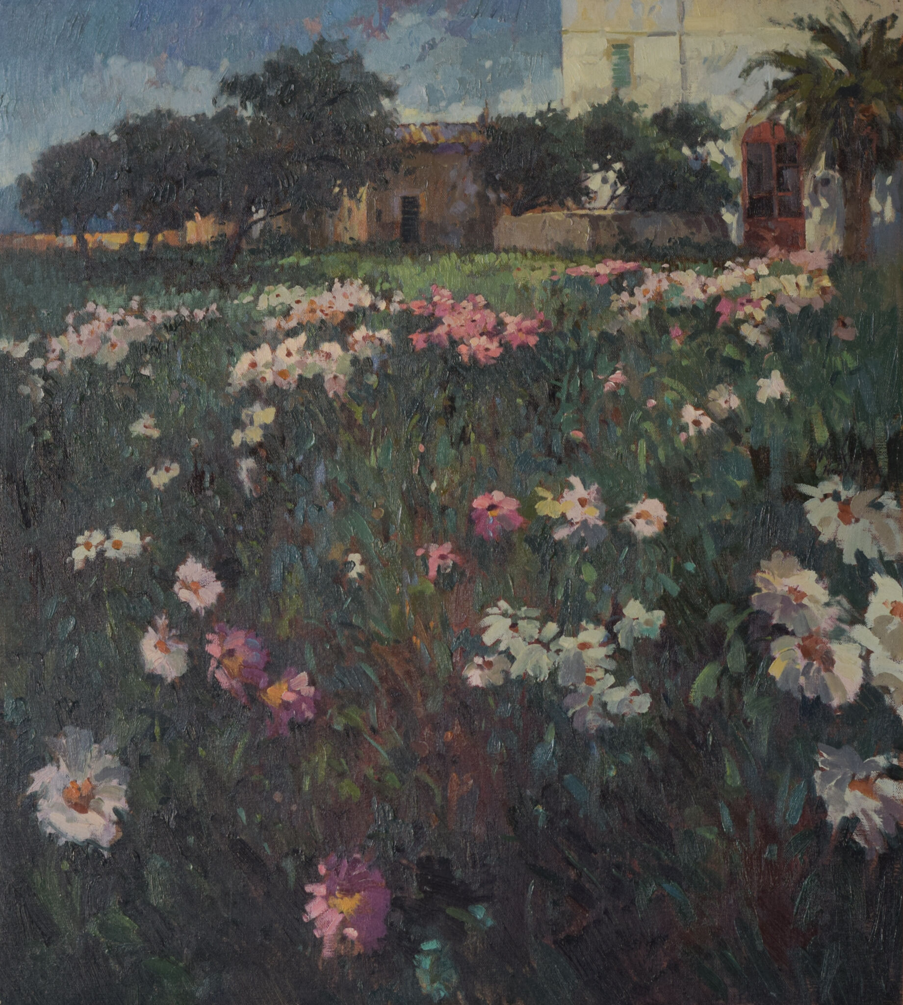 Landscape scene with floral meadow
