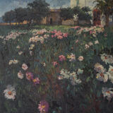Landscape scene with floral meadow