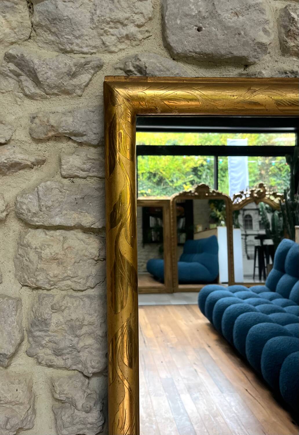 Antique mirror, 145/68cm, gilded with gold leaf and mercury.