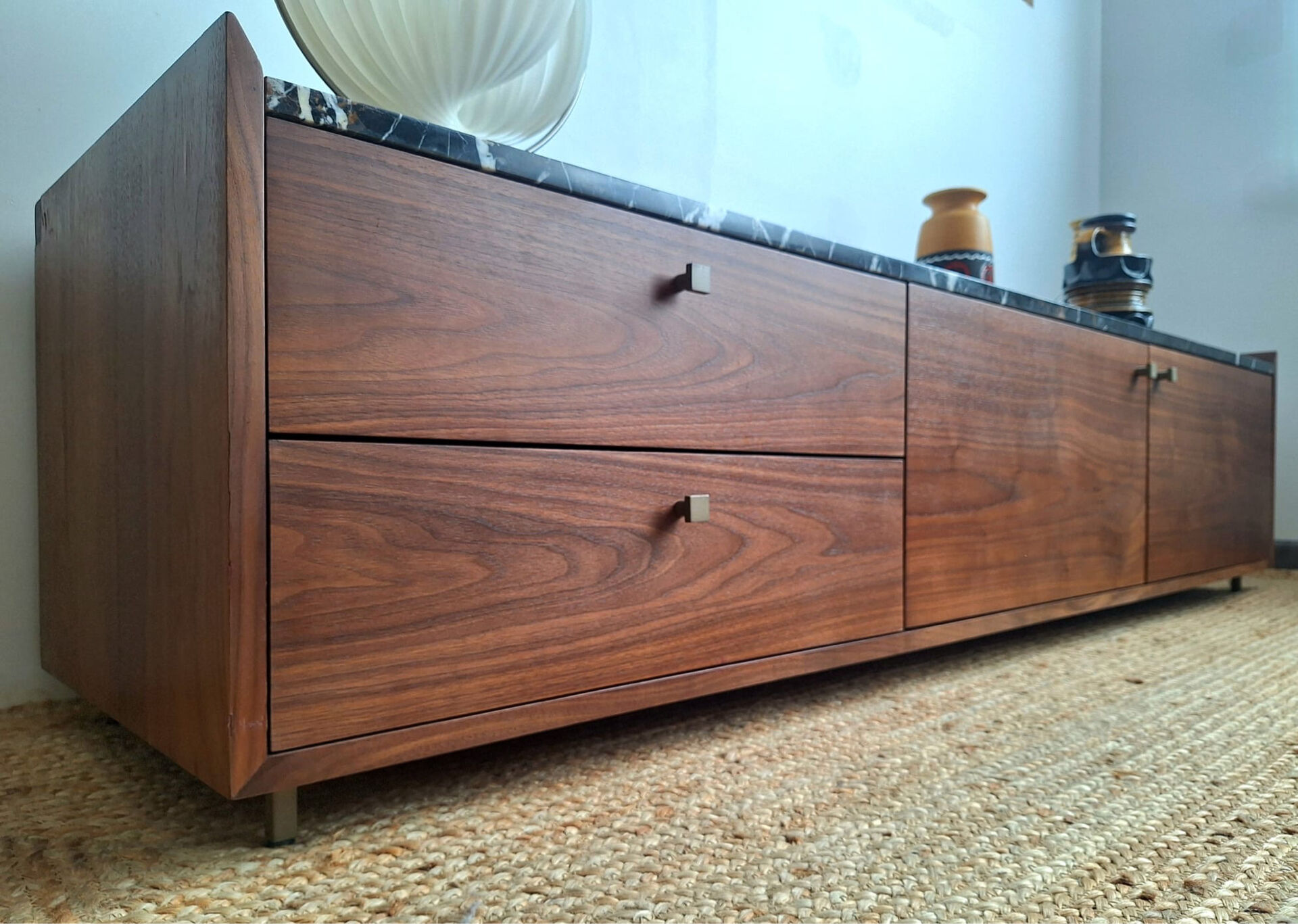 AMPM Noham TV unit, walnut sideboard with amber marble.
