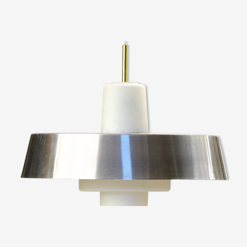 Opac glass and brushed aluminium pendant light. Sweden 1960s