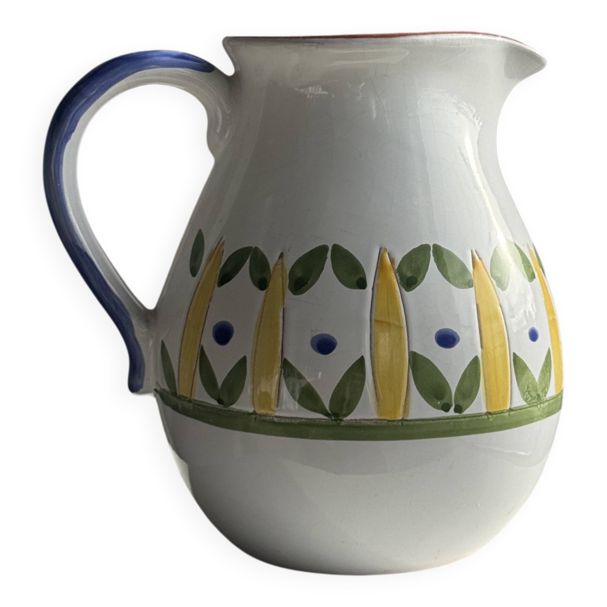 Grande carafe blanche en terre cuite à motif de frise stylisée verte jaune