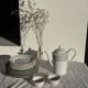 Bavarian porcelain teapot from Germany with blue frieze and flower lid H23