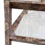 Table basse années 80 en métal gainé imitation loupe de noyer.