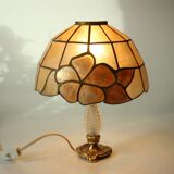 Mid Century handmade table lamp Tiffany Style, made of  mother of pearl, glass and metal, vintage