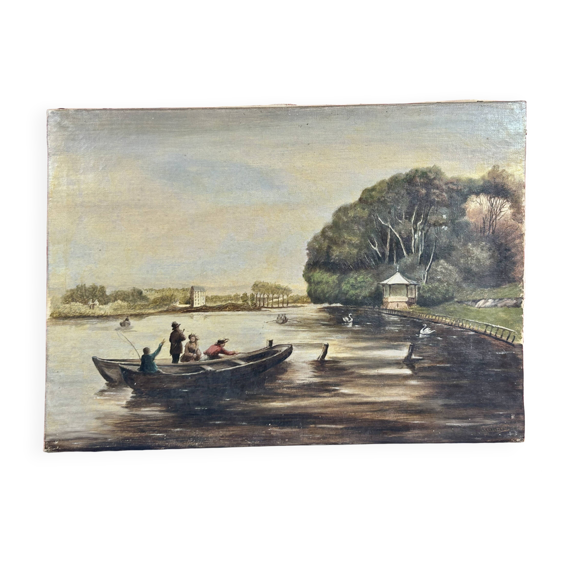 Oil on canvas "Animated lake landscape" work signed Gallard circa 1893