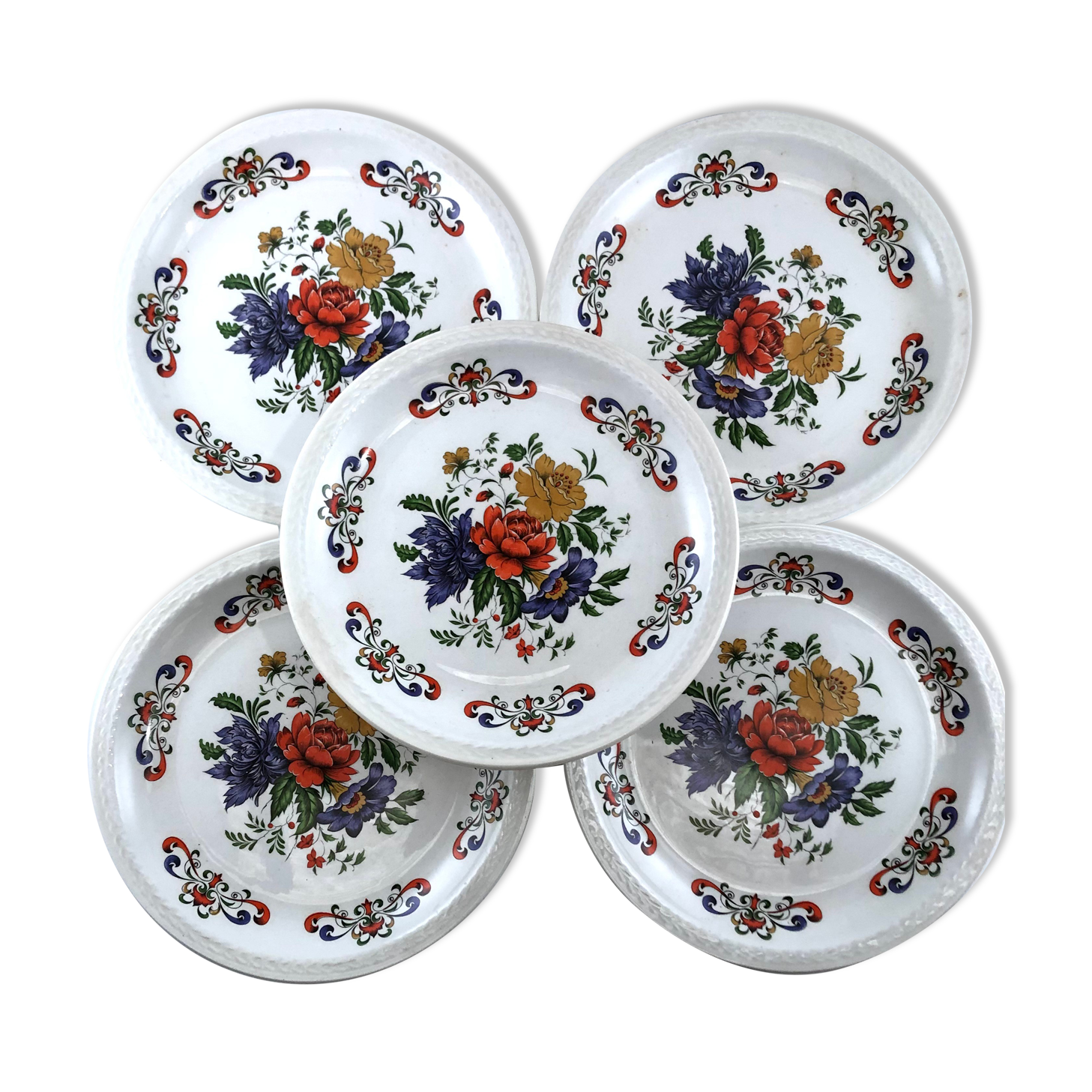 5 vintage dessert plates with fleur Moulin des Loups