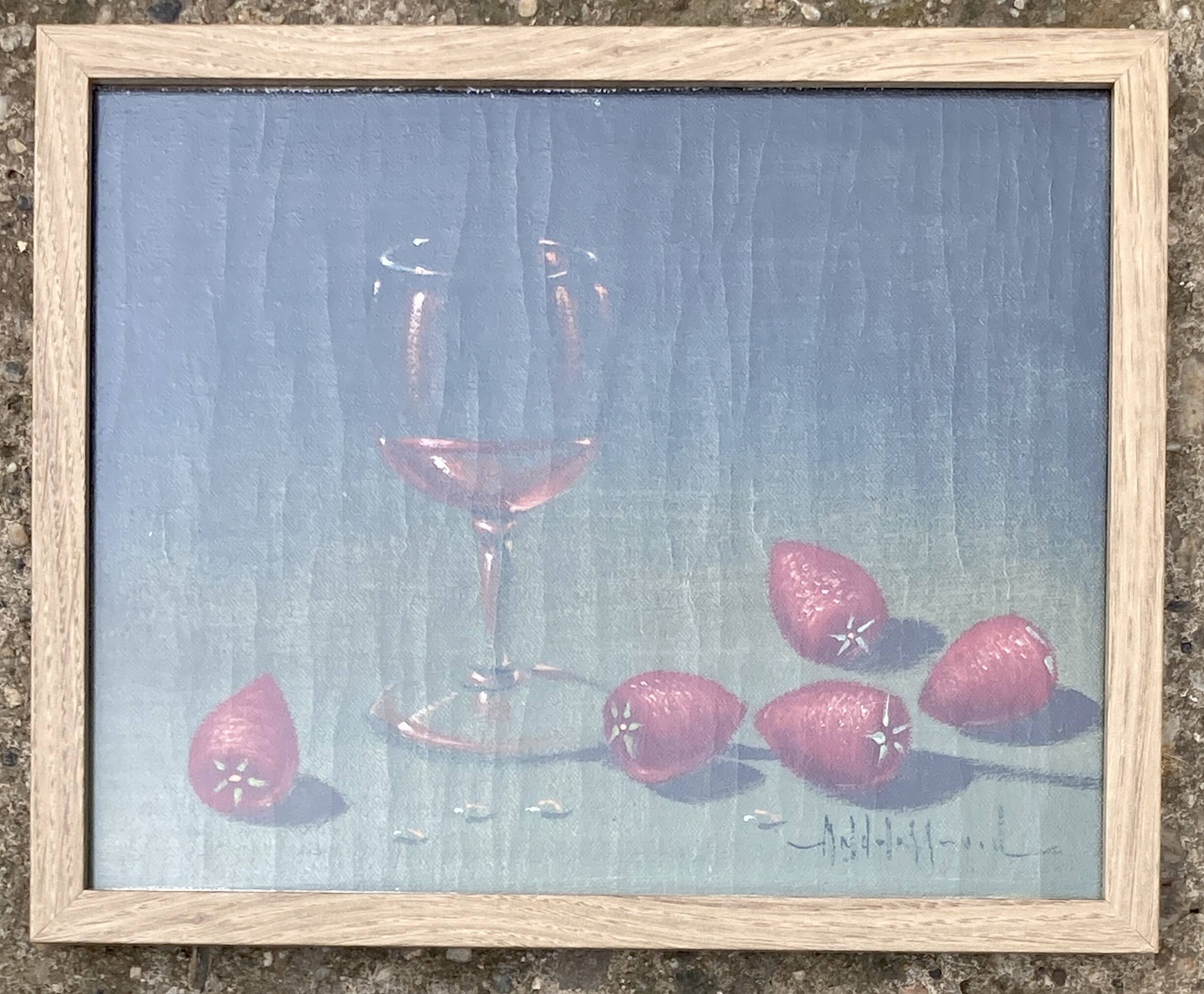 Painting - Still life: Glass of wine and strawberries