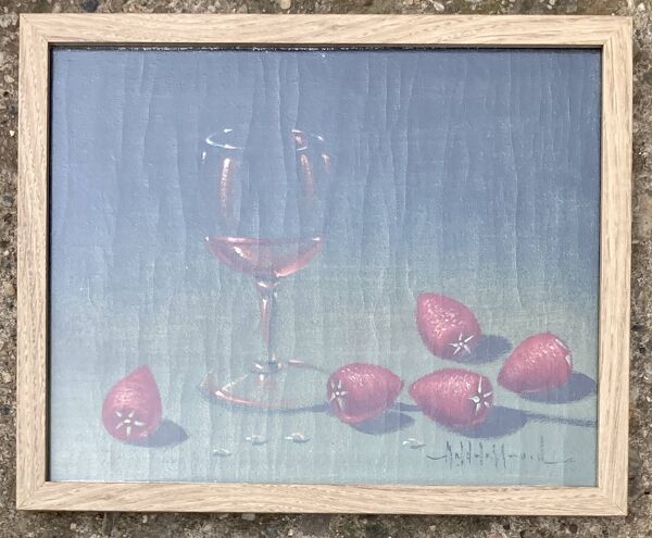 Tableau - Nature morte : Verre de vin et fraises